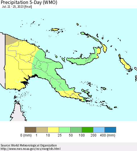 Papua New Guinea Precipitation 5-Day (WMO) Thematic Map For 7/21/2023 - 7/25/2023