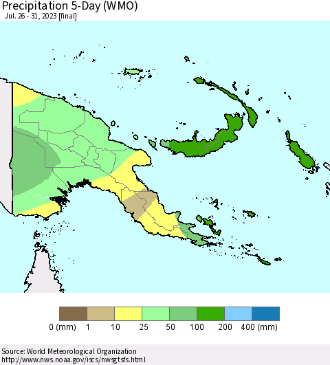 Papua New Guinea Precipitation 5-Day (WMO) Thematic Map For 7/26/2023 - 7/31/2023