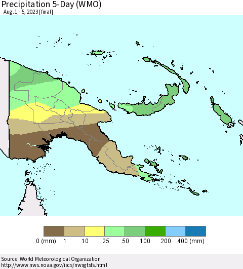 Papua New Guinea Precipitation 5-Day (WMO) Thematic Map For 8/1/2023 - 8/5/2023