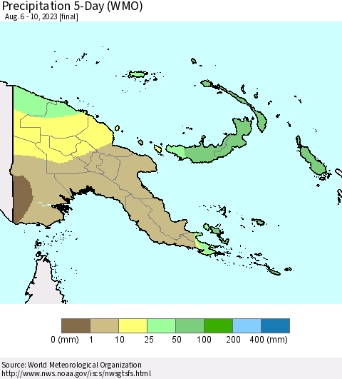 Papua New Guinea Precipitation 5-Day (WMO) Thematic Map For 8/6/2023 - 8/10/2023