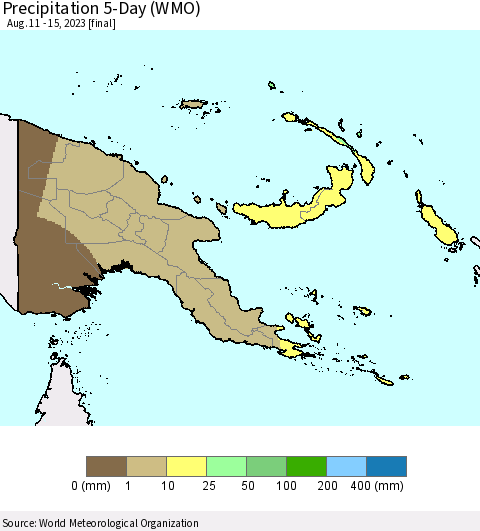 Papua New Guinea Precipitation 5-Day (WMO) Thematic Map For 8/11/2023 - 8/15/2023