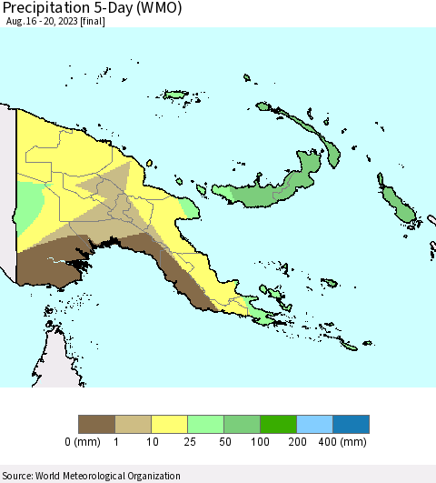 Papua New Guinea Precipitation 5-Day (WMO) Thematic Map For 8/16/2023 - 8/20/2023