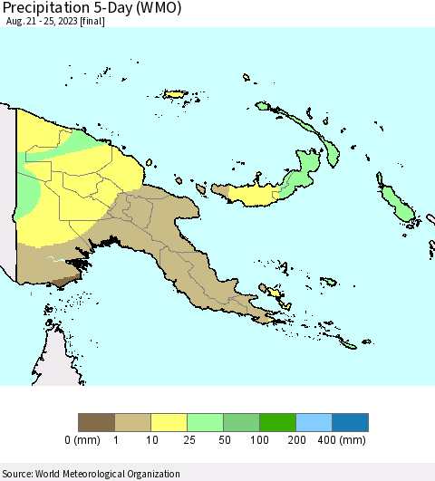Papua New Guinea Precipitation 5-Day (WMO) Thematic Map For 8/21/2023 - 8/25/2023