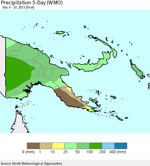 Papua New Guinea Precipitation 5-Day (WMO) Thematic Map For 9/6/2023 - 9/10/2023