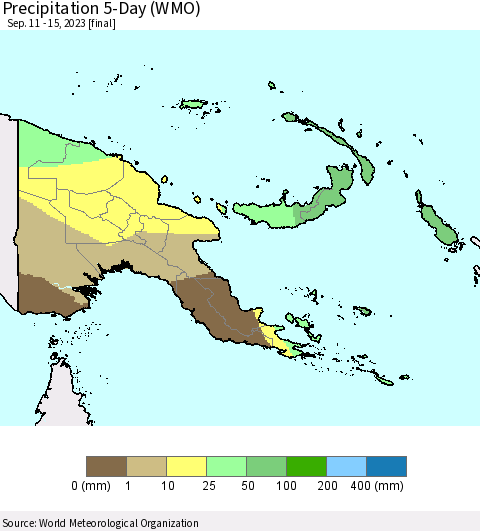 Papua New Guinea Precipitation 5-Day (WMO) Thematic Map For 9/11/2023 - 9/15/2023