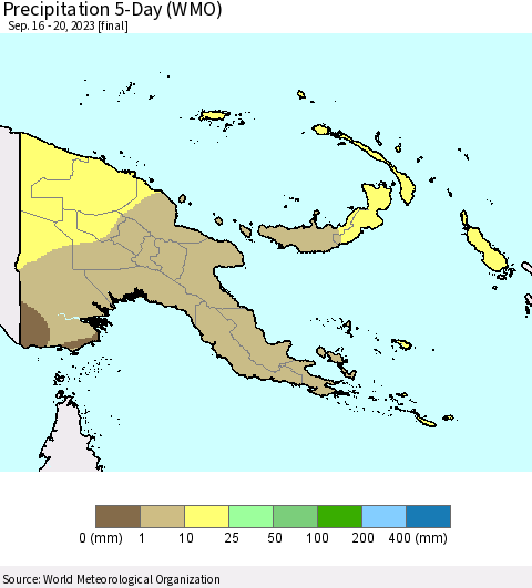Papua New Guinea Precipitation 5-Day (WMO) Thematic Map For 9/16/2023 - 9/20/2023