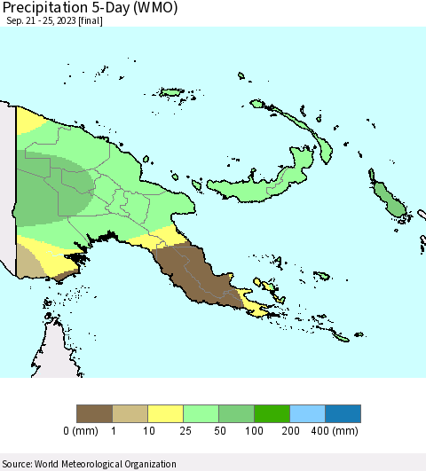 Papua New Guinea Precipitation 5-Day (WMO) Thematic Map For 9/21/2023 - 9/25/2023