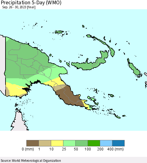 Papua New Guinea Precipitation 5-Day (WMO) Thematic Map For 9/26/2023 - 9/30/2023