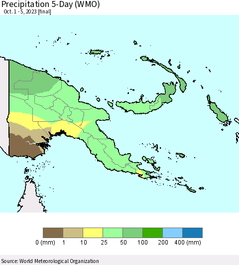 Papua New Guinea Precipitation 5-Day (WMO) Thematic Map For 10/1/2023 - 10/5/2023