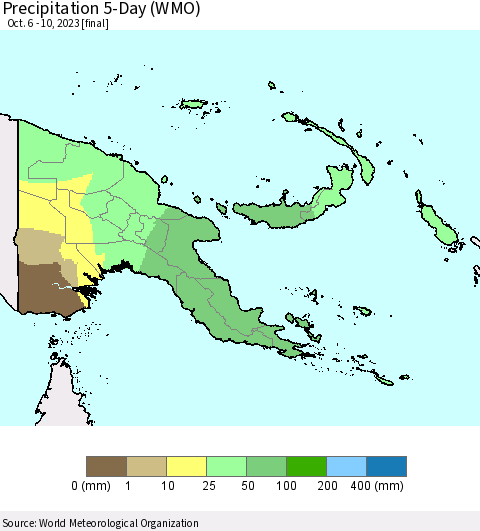 Papua New Guinea Precipitation 5-Day (WMO) Thematic Map For 10/6/2023 - 10/10/2023
