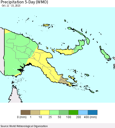 Papua New Guinea Precipitation 5-Day (WMO) Thematic Map For 10/11/2023 - 10/15/2023