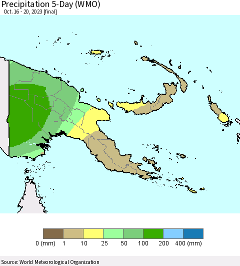 Papua New Guinea Precipitation 5-Day (WMO) Thematic Map For 10/16/2023 - 10/20/2023