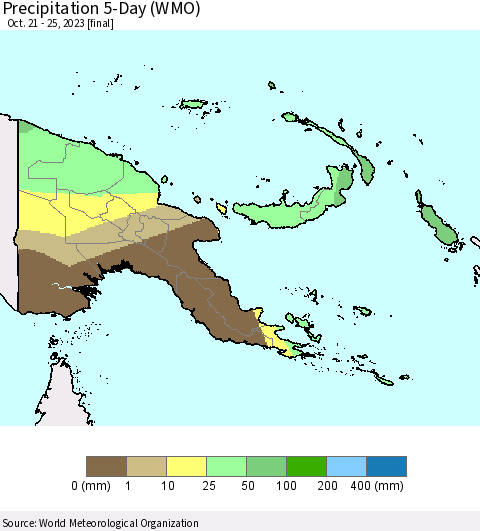 Papua New Guinea Precipitation 5-Day (WMO) Thematic Map For 10/21/2023 - 10/25/2023