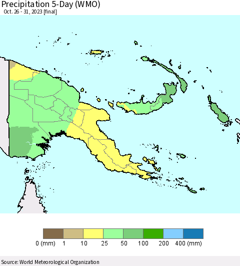 Papua New Guinea Precipitation 5-Day (WMO) Thematic Map For 10/26/2023 - 10/31/2023