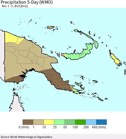 Papua New Guinea Precipitation 5-Day (WMO) Thematic Map For 11/1/2023 - 11/5/2023