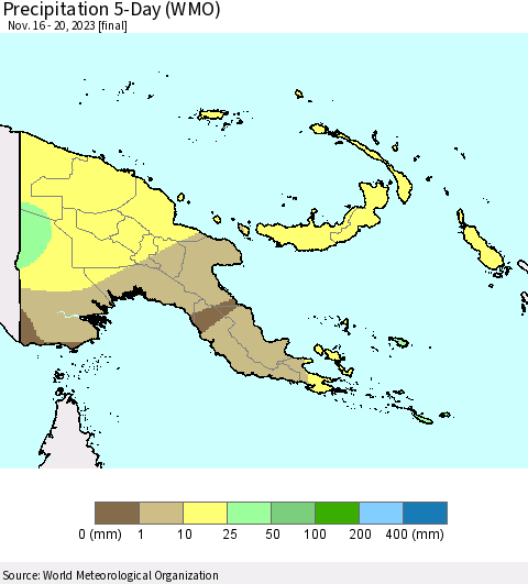 Papua New Guinea Precipitation 5-Day (WMO) Thematic Map For 11/16/2023 - 11/20/2023
