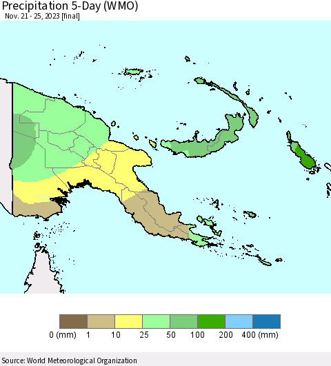 Papua New Guinea Precipitation 5-Day (WMO) Thematic Map For 11/21/2023 - 11/25/2023