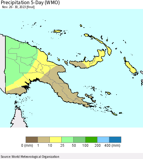 Papua New Guinea Precipitation 5-Day (WMO) Thematic Map For 11/26/2023 - 11/30/2023