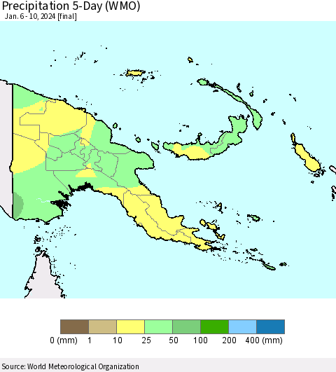 Papua New Guinea Precipitation 5-Day (WMO) Thematic Map For 1/6/2024 - 1/10/2024