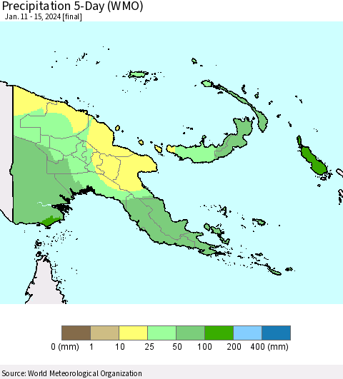 Papua New Guinea Precipitation 5-Day (WMO) Thematic Map For 1/11/2024 - 1/15/2024