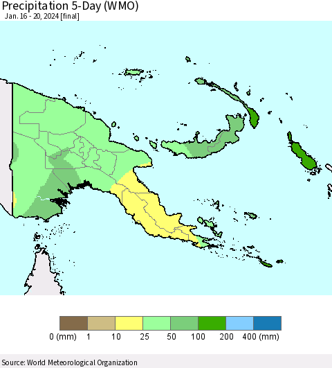 Papua New Guinea Precipitation 5-Day (WMO) Thematic Map For 1/16/2024 - 1/20/2024