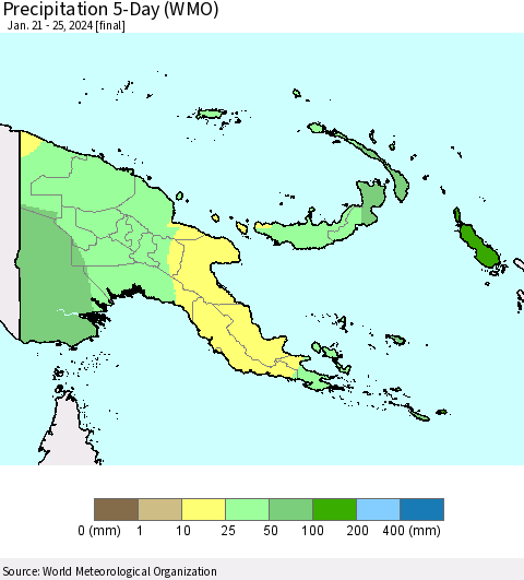 Papua New Guinea Precipitation 5-Day (WMO) Thematic Map For 1/21/2024 - 1/25/2024