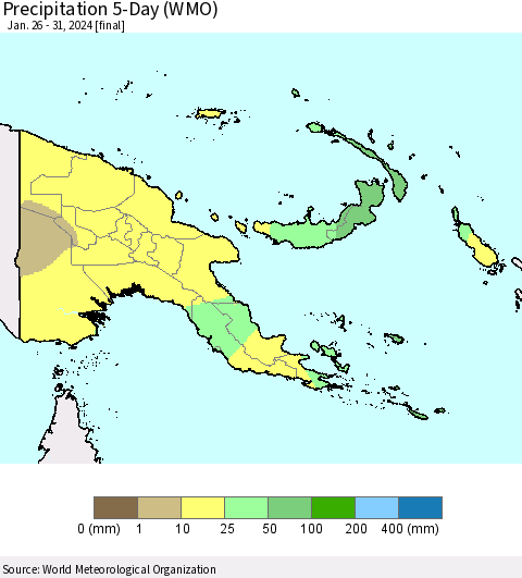 Papua New Guinea Precipitation 5-Day (WMO) Thematic Map For 1/26/2024 - 1/31/2024