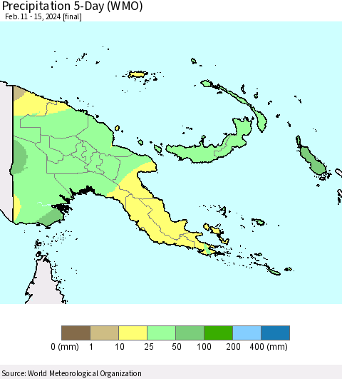 Papua New Guinea Precipitation 5-Day (WMO) Thematic Map For 2/11/2024 - 2/15/2024