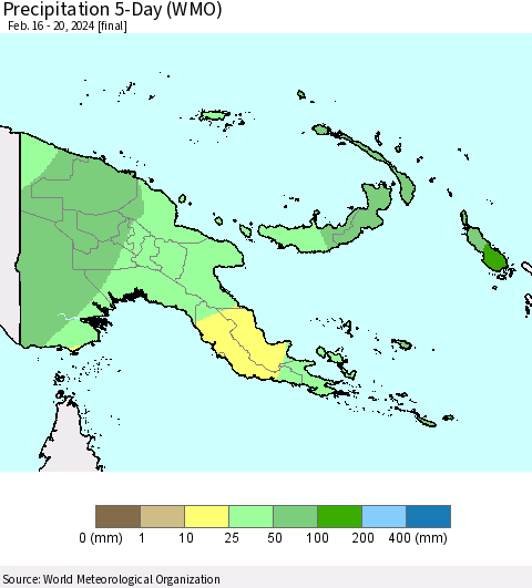 Papua New Guinea Precipitation 5-Day (WMO) Thematic Map For 2/16/2024 - 2/20/2024