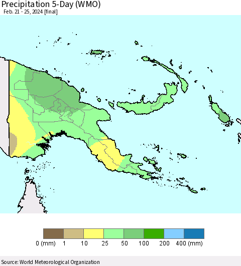 Papua New Guinea Precipitation 5-Day (WMO) Thematic Map For 2/21/2024 - 2/25/2024