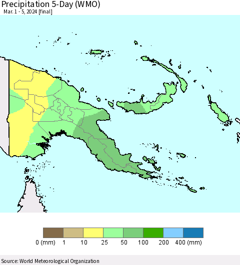 Papua New Guinea Precipitation 5-Day (WMO) Thematic Map For 3/1/2024 - 3/5/2024