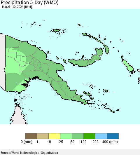 Papua New Guinea Precipitation 5-Day (WMO) Thematic Map For 3/6/2024 - 3/10/2024