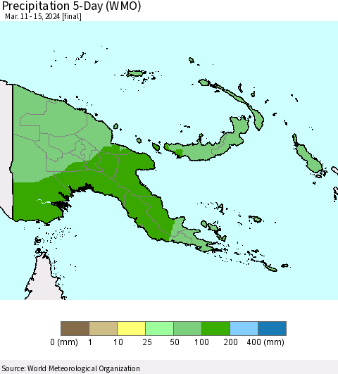 Papua New Guinea Precipitation 5-Day (WMO) Thematic Map For 3/11/2024 - 3/15/2024