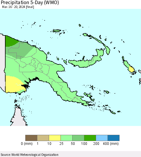 Papua New Guinea Precipitation 5-Day (WMO) Thematic Map For 3/16/2024 - 3/20/2024