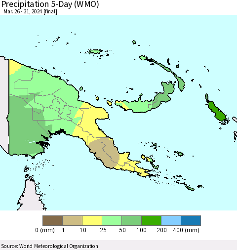 Papua New Guinea Precipitation 5-Day (WMO) Thematic Map For 3/26/2024 - 3/31/2024