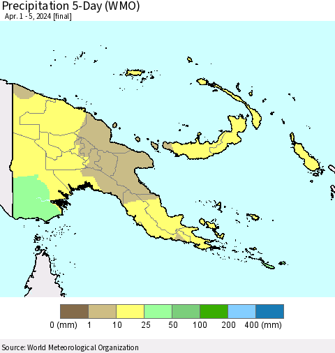 Papua New Guinea Precipitation 5-Day (WMO) Thematic Map For 4/1/2024 - 4/5/2024