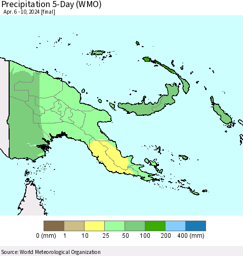 Papua New Guinea Precipitation 5-Day (WMO) Thematic Map For 4/6/2024 - 4/10/2024