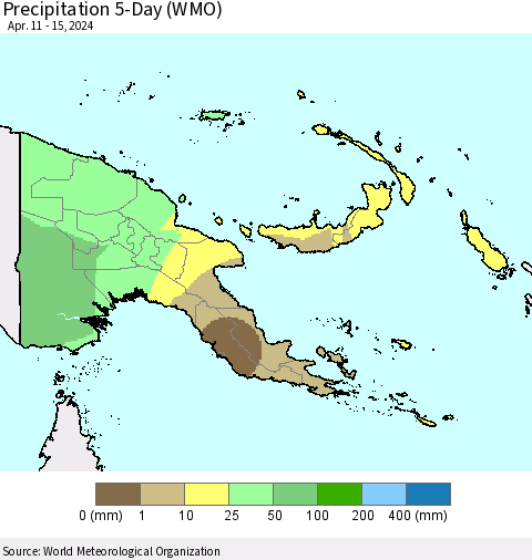 Papua New Guinea Precipitation 5-Day (WMO) Thematic Map For 4/11/2024 - 4/15/2024