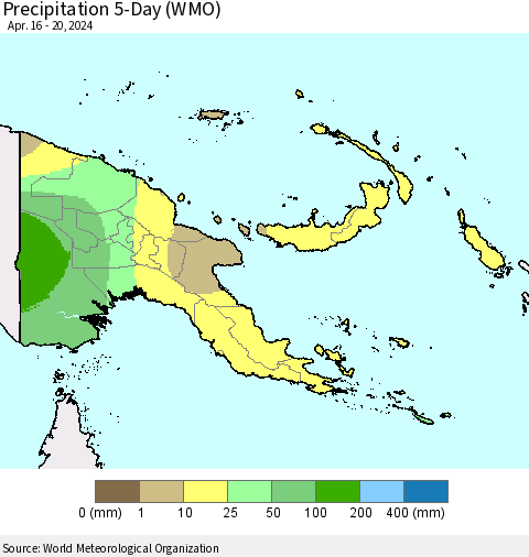 Papua New Guinea Precipitation 5-Day (WMO) Thematic Map For 4/16/2024 - 4/20/2024