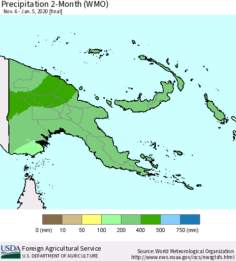 Papua New Guinea Precipitation 2-Month (WMO) Thematic Map For 11/6/2019 - 1/5/2020