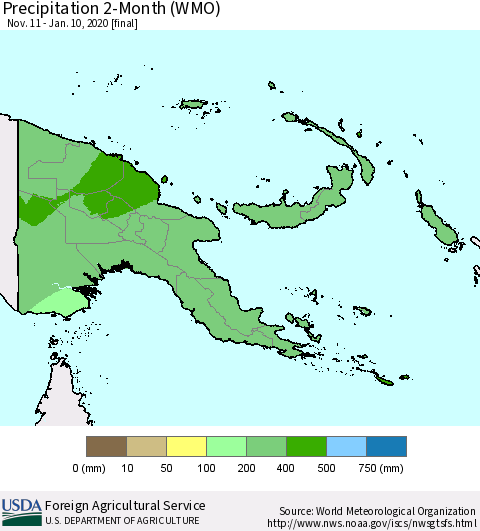 Papua New Guinea Precipitation 2-Month (WMO) Thematic Map For 11/11/2019 - 1/10/2020