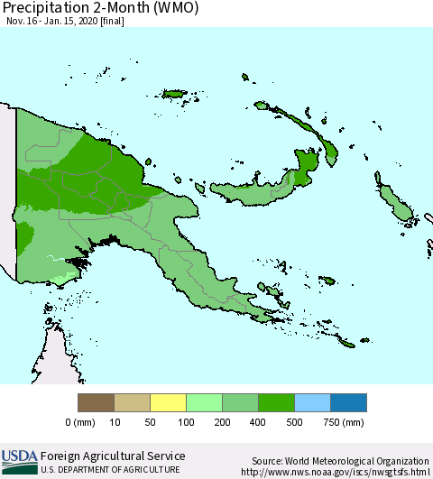Papua New Guinea Precipitation 2-Month (WMO) Thematic Map For 11/16/2019 - 1/15/2020