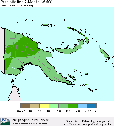 Papua New Guinea Precipitation 2-Month (WMO) Thematic Map For 11/21/2019 - 1/20/2020