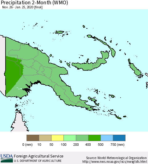 Papua New Guinea Precipitation 2-Month (WMO) Thematic Map For 11/26/2019 - 1/25/2020