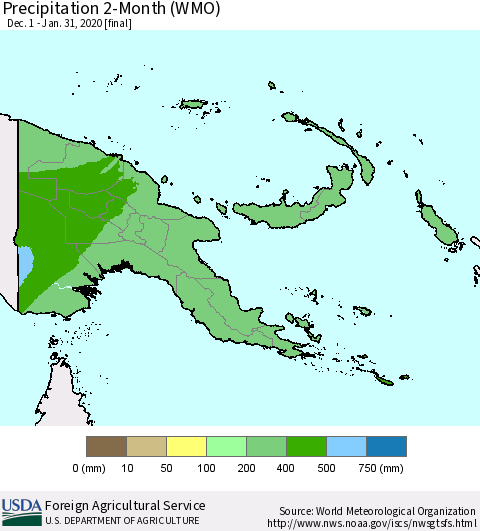 Papua New Guinea Precipitation 2-Month (WMO) Thematic Map For 12/1/2019 - 1/31/2020