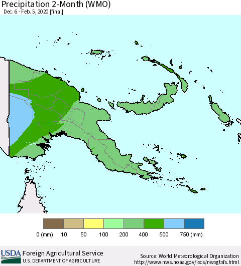 Papua New Guinea Precipitation 2-Month (WMO) Thematic Map For 12/6/2019 - 2/5/2020