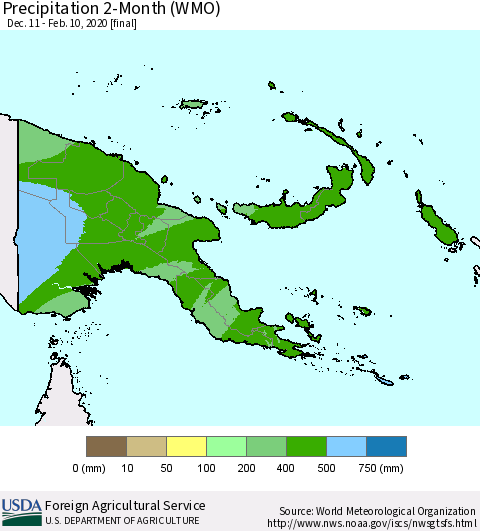 Papua New Guinea Precipitation 2-Month (WMO) Thematic Map For 12/11/2019 - 2/10/2020
