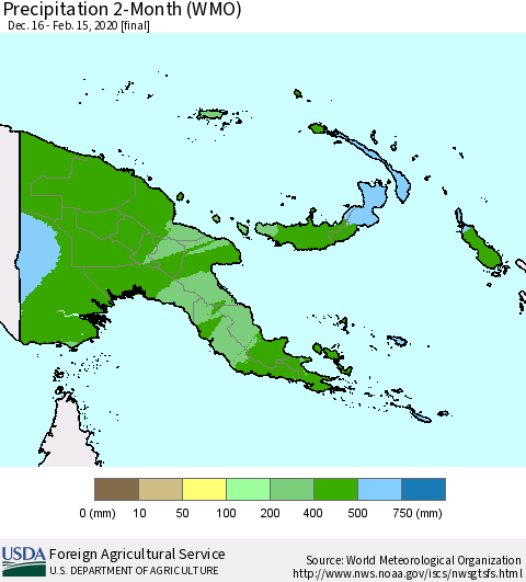 Papua New Guinea Precipitation 2-Month (WMO) Thematic Map For 12/16/2019 - 2/15/2020