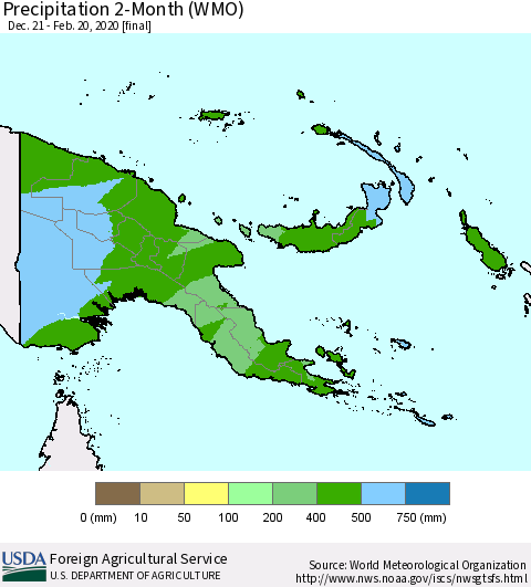 Papua New Guinea Precipitation 2-Month (WMO) Thematic Map For 12/21/2019 - 2/20/2020