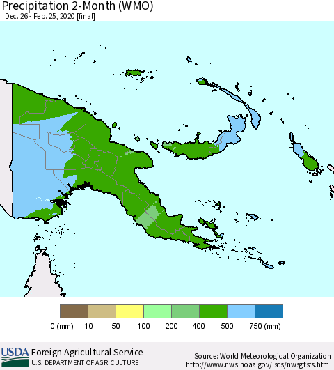 Papua New Guinea Precipitation 2-Month (WMO) Thematic Map For 12/26/2019 - 2/25/2020